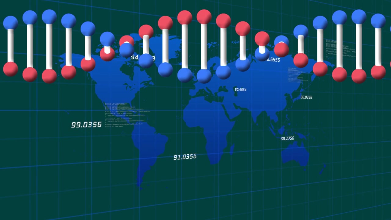 Animazione di un'elica di DNA rotante con numeri su una mappa e linguaggio informatico su uno sfondo astratto