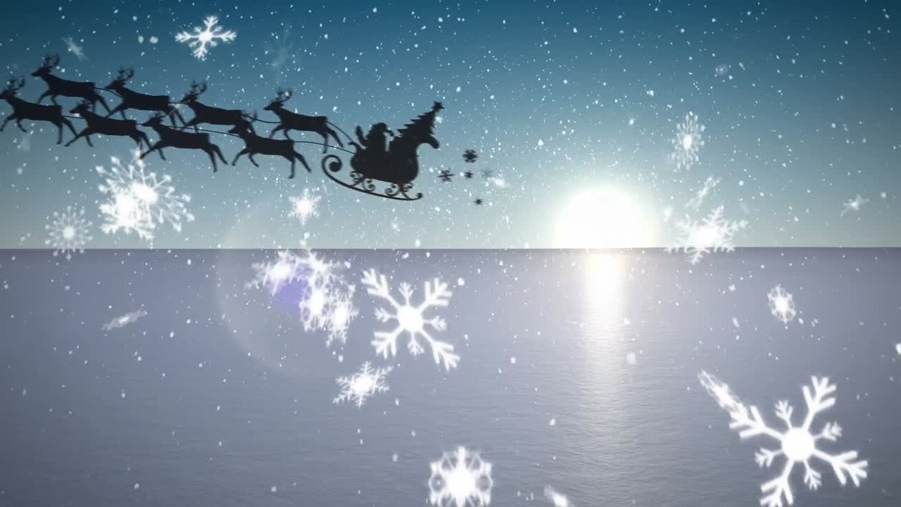animación de santa claus en trineo con renos sobre la nieve que cae y el paisaje invernal