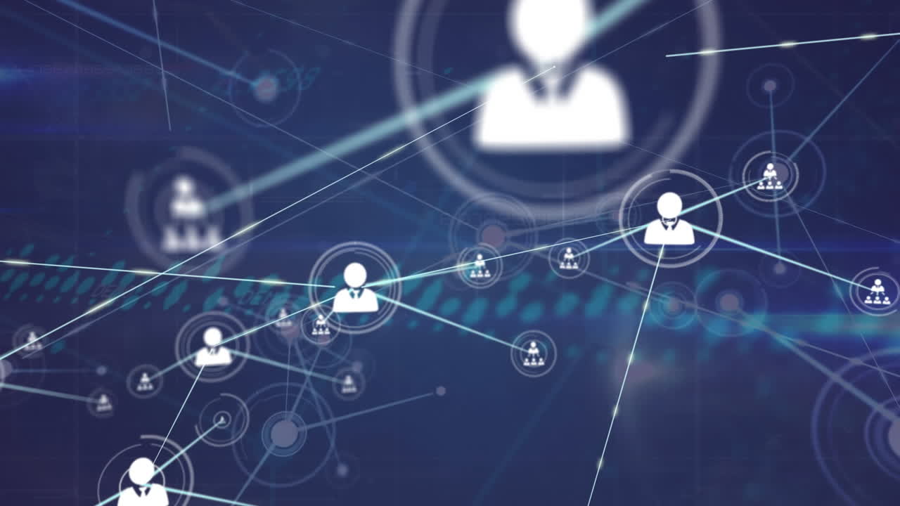 animación de la red de iconos de perfil, procesamiento de datos y senderos de luz contra un fondo azul.