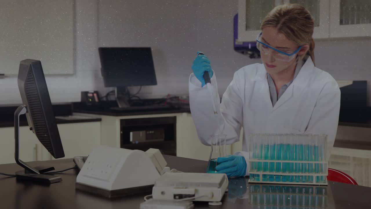 Woman tech inserting pipette into flask pipetting while animated overlay marking tubes for research