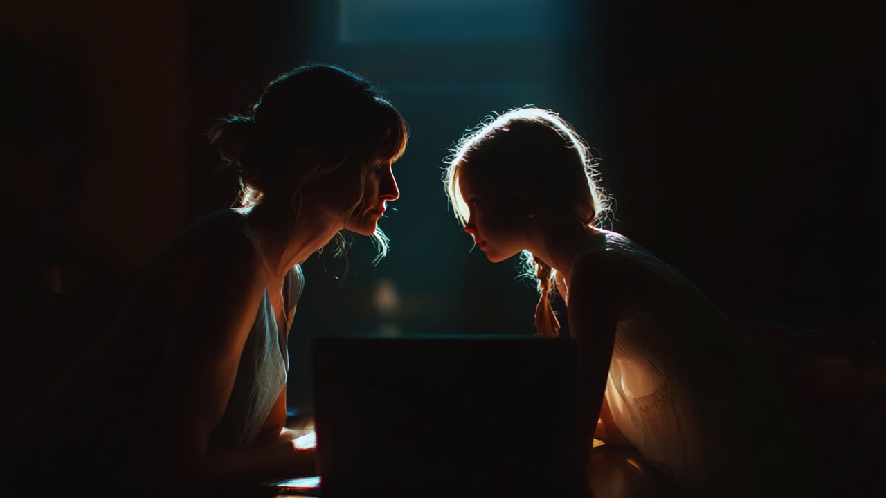A Heartwarming Moment Between a Mother and Daughter: An Intimate Exchange of Affection and Connection in a Warm, Dimly Lit Room with a Laptop Illuminating Their Silhouettes