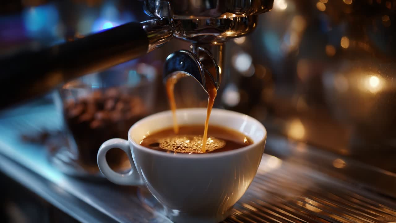 Aromatic Espresso Brewing: Capturing the Essence of Perfectly Extracted Coffee in an Intimate Close-Up Shot of Dirty Tapioca Cup and Glossy Portafilter Spouts Warm Brewed Elixir
