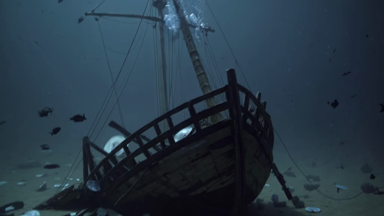 Underwater video scene of a sunken ship, captured from a low angle