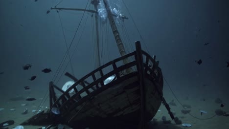 underwater video scene of a sunken ship, captured from a low angle