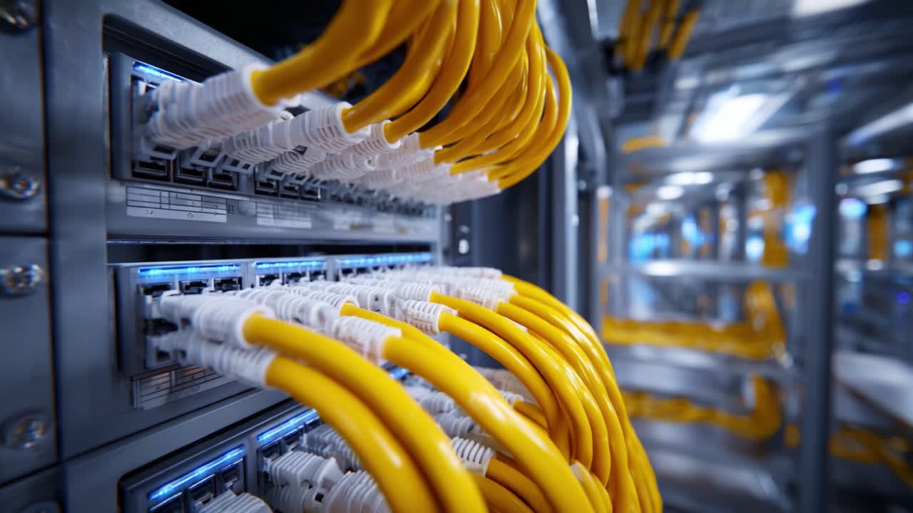 Detailed View of Network Server with Yellow Ethernet Cables Connected to Switches in a Modern Data Center Infrastructure, Highlighting Robust Connectivity and Technology