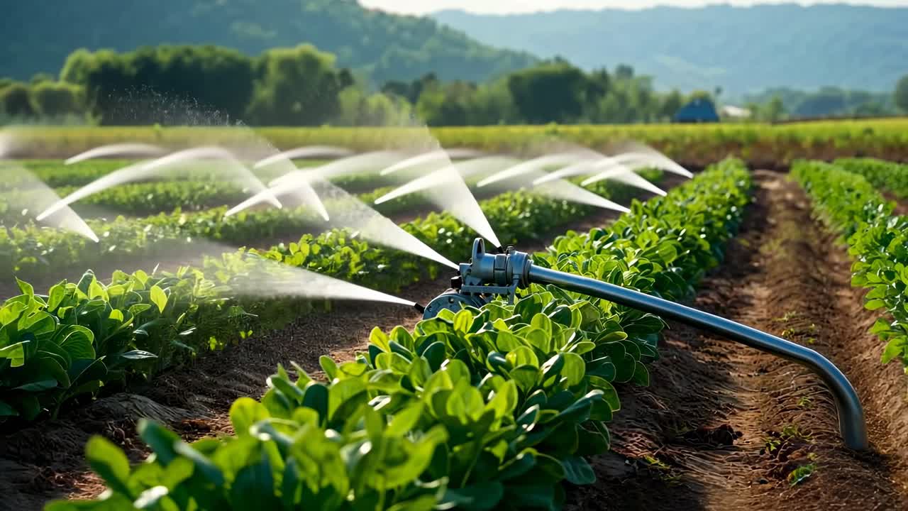 A low-angle video captures a lush green field with a sprinkler system watering crops