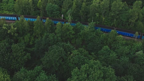 coal train wagons in green forests of mining area aerial view