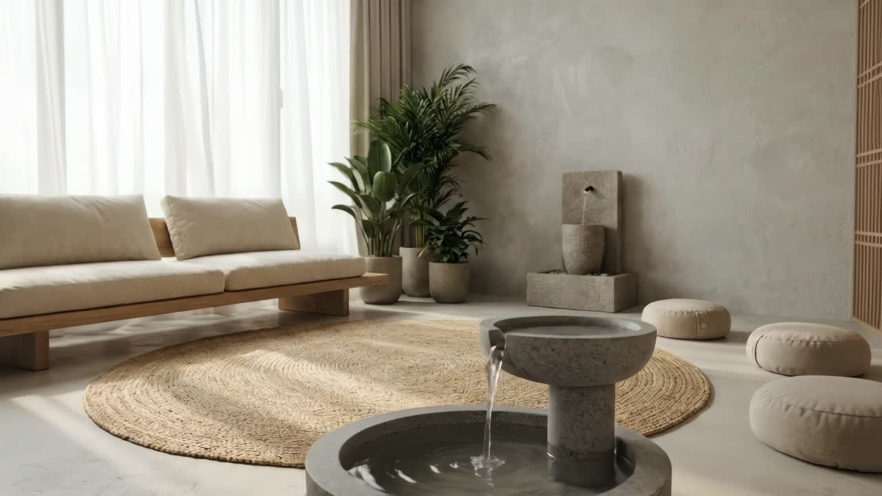 Stanza moderna e minimalista con fontana d'acqua interna e piante in vaso