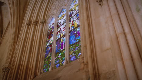 monastery of batalha beautiful stained glass architecture detail in central portugal gimbal slow motion