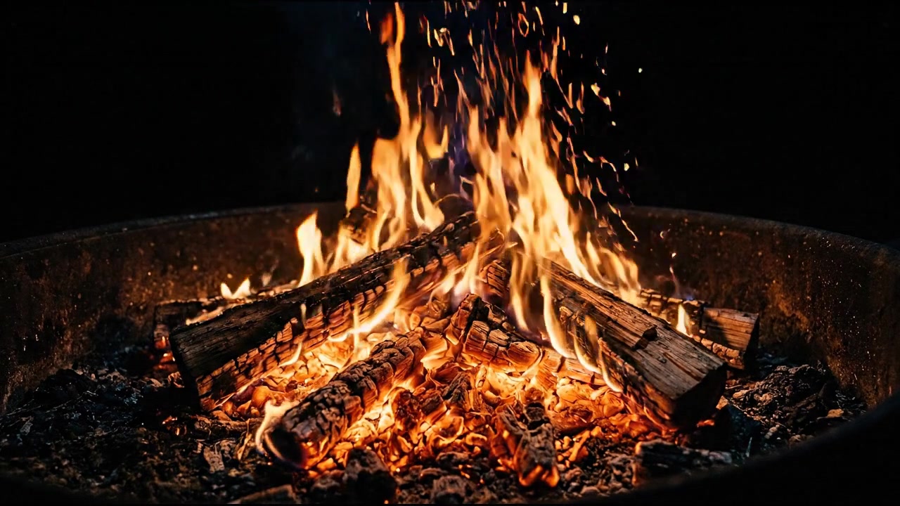 Bright orange campfire flames burning against a dark background captured with realistic environmental detail and atmosphere