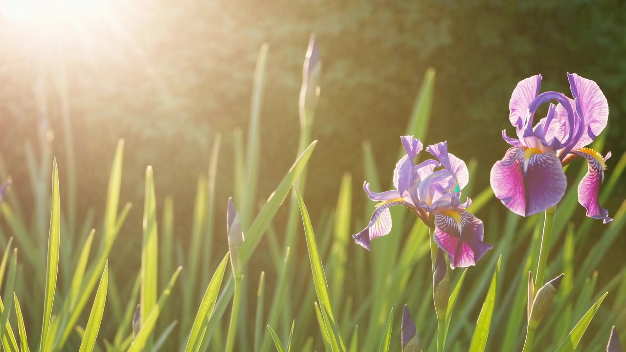 Purple Iris Flowers Blooming in a Sunny Garden