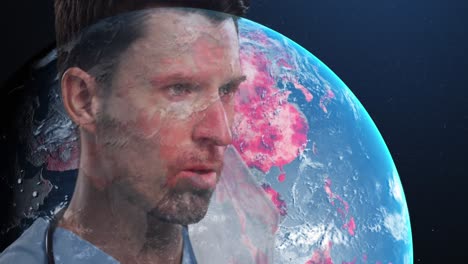 Caucasian-male-doctor-with-face-mask-hanging-onto-his-ear-against-globe-on-blue-background