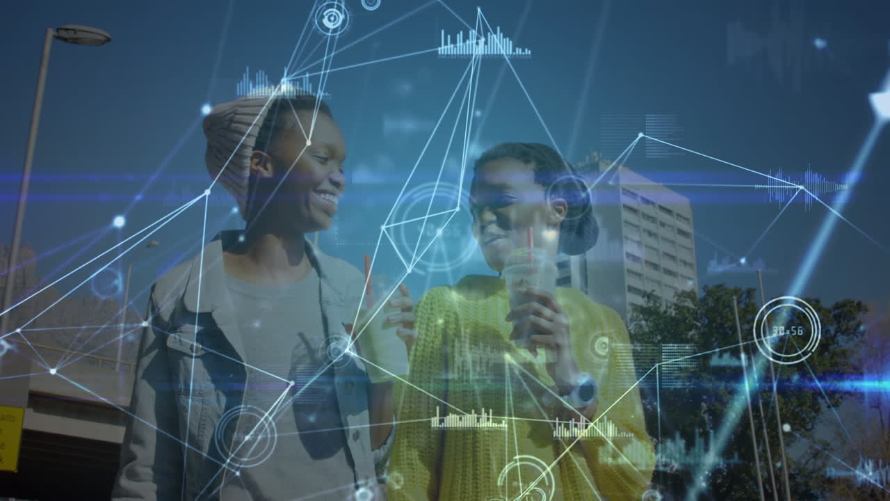 Animation of network of connections and processing data two happy african american women outdoors