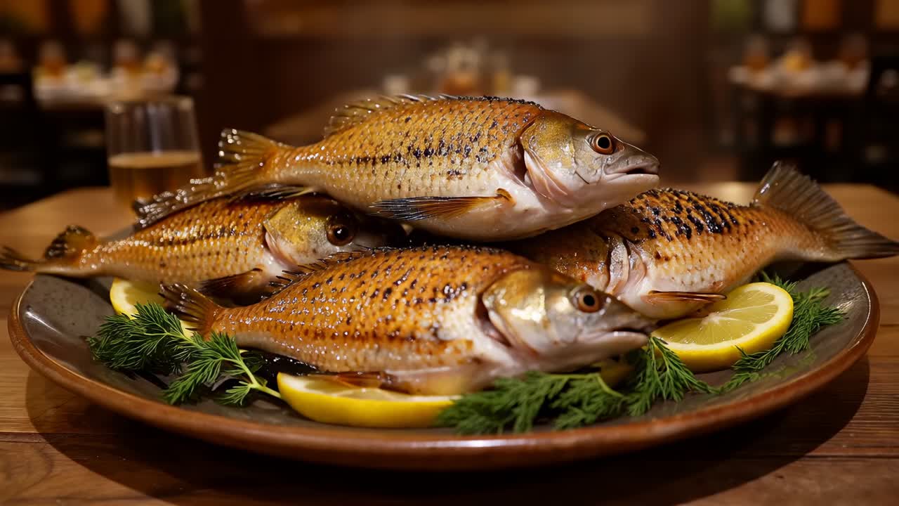 Comienza la grabación, la cámara se aleja y muestra una fuente de pescado cocinado para reflejar un ambiente acogedor en el restaurante.