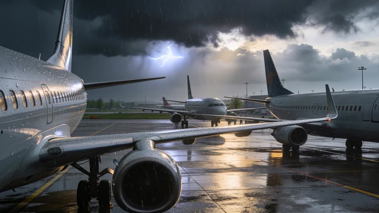 Framing left front jet showing raindrops on fuselage at apron, engine visible, center jet taxiing