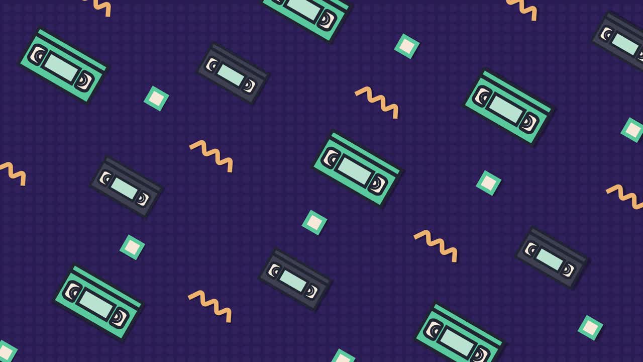 Sfondo viola animato con videocassette in movimento, linee ondulate e quadrati