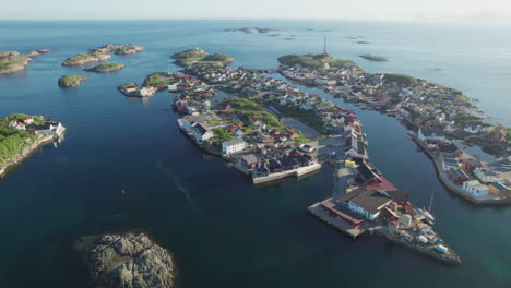 discovering from the air the beautiful norwegian city of henningsvaer with its beautiful houses