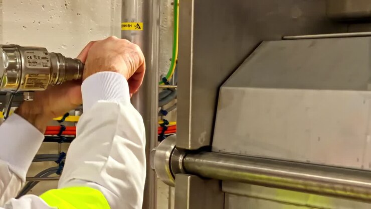 En tekniker justerer omhyggeligt ventiler på industrimaskiner, hvilket fremhæver præcisionsteknik. Velegnet til brug i produktions- eller teknisk træningsindhold.
