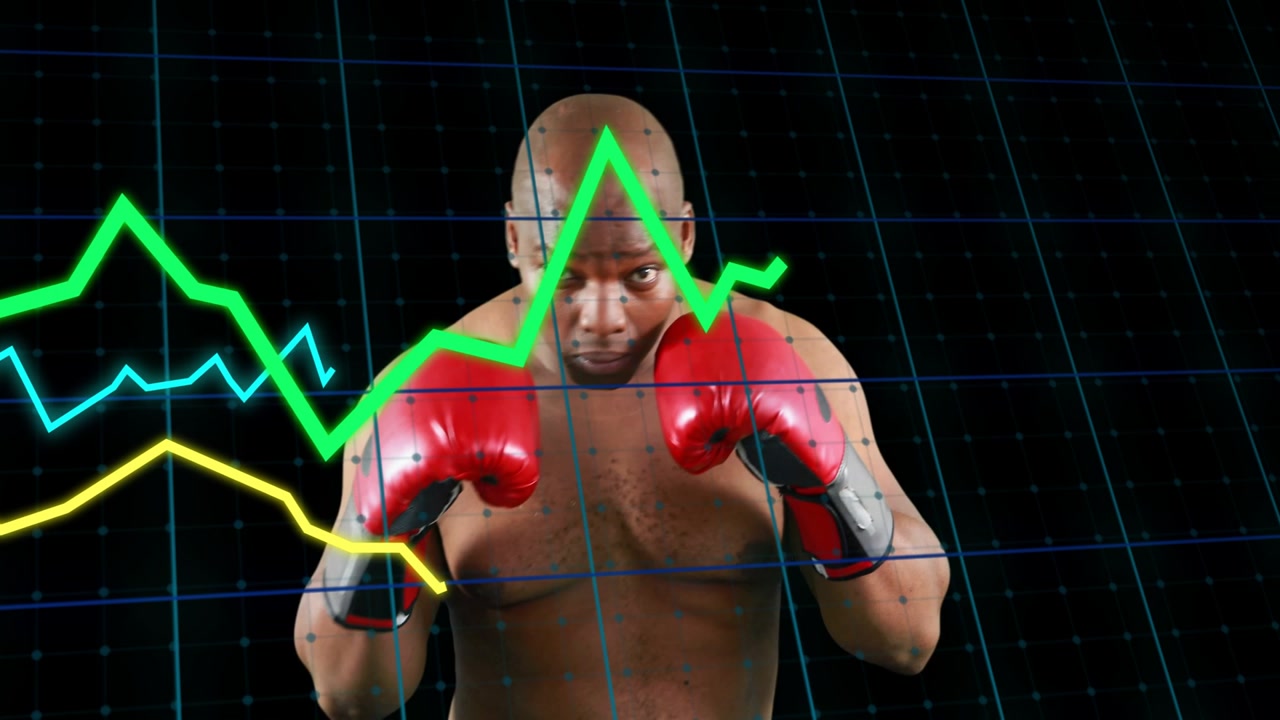 Male boxer holding high guard, adjusting stance with graphs crossing red gloves, markers for mocap