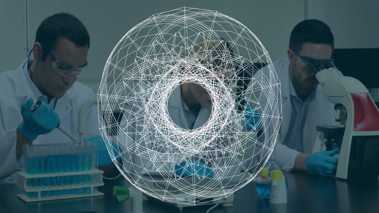 Scientists working in laboratory with geometric data processing animation overlay