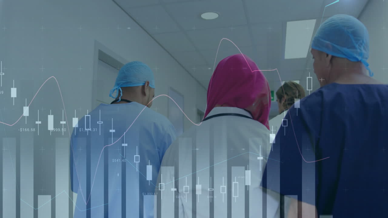 Animation of diagrams over diverse doctors walking in hospital