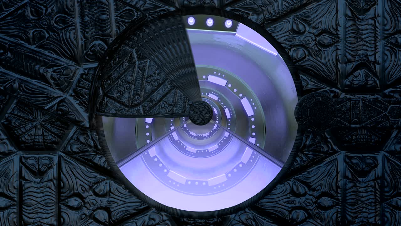 la puerta de entrada de piedra abre una vista panorámica a la escena del paisaje de la nave espacial. fondo abstracto 3d de un corredor de ciencia ficción con luces de neón. tecnología futurista vj para títulos y fondo tecnológicos.