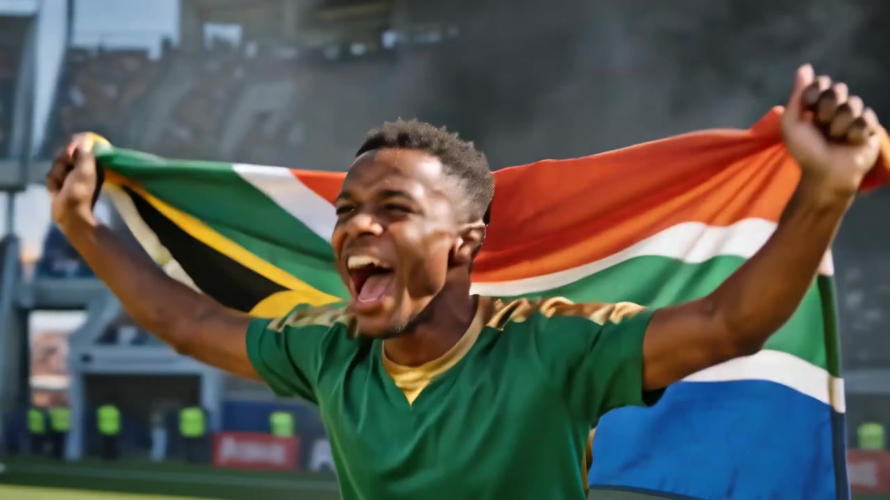 Uomo sorridente che urla, sventolando la bandiera sudafricana allo stadio con una maglia verde e oro, festeggiando.