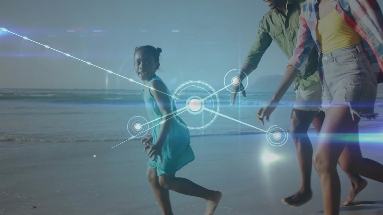 Daughter running along shore, parents chasing and reaching, playing, tech HUD expanding over beach