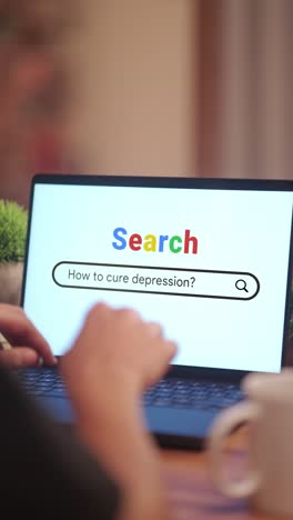 video vertical de un hombre buscando cómo curar la depresión en internet