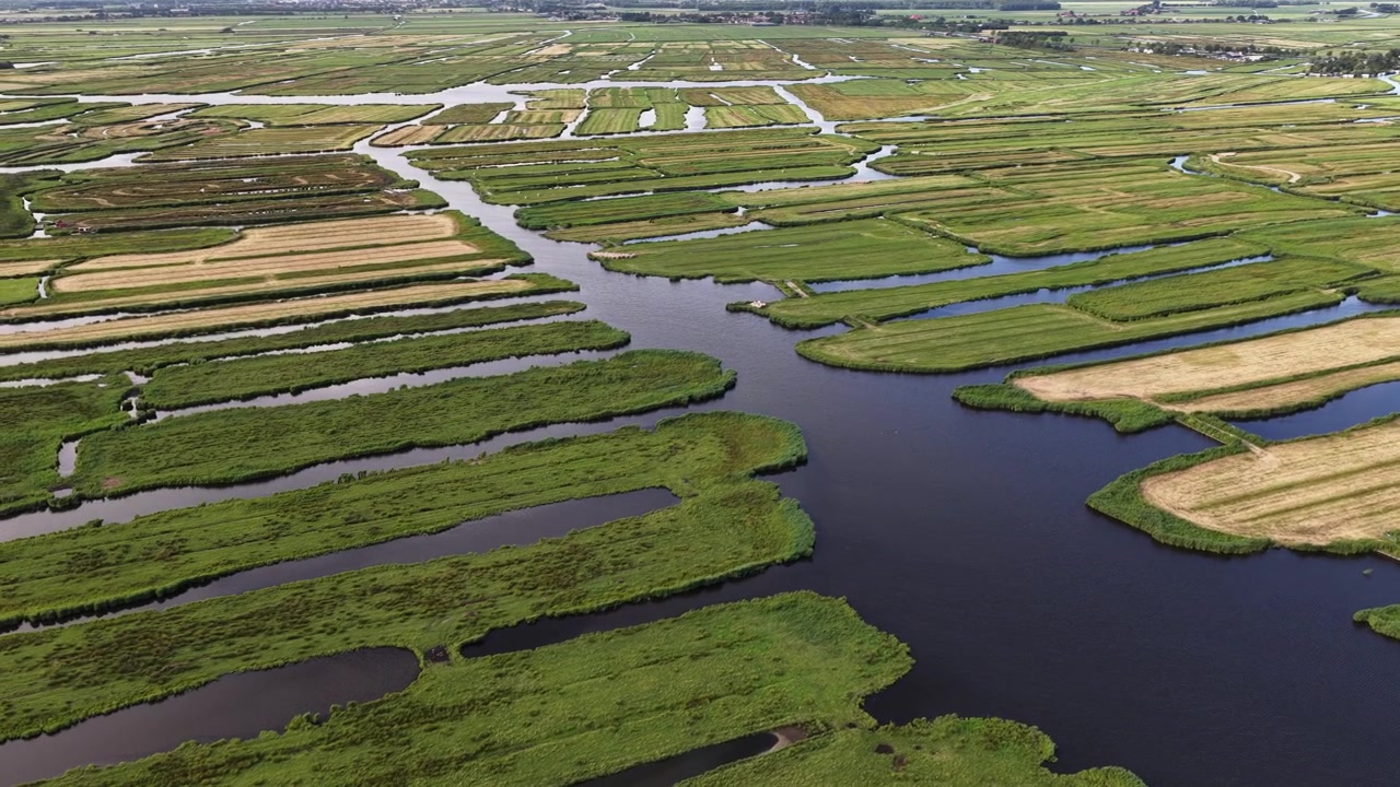 Splendida prospettiva aerea che mostra il paesaggio unico dei polder dei Paesi Bassi, con campi verdi lussureggianti e appezzamenti agricoli intricatamente divisi da una rete di canali e corsi d'acqua.