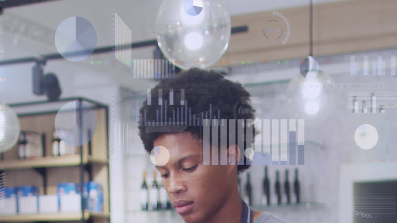 Animation of statistical data processing against close up of a african american waiter at a cafe