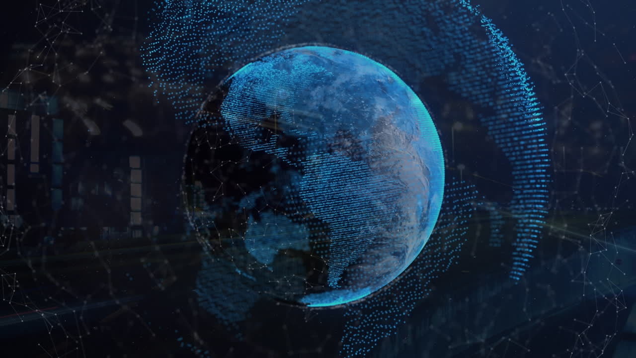 Animation of shapes and globe over cityscape