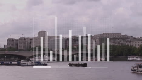 animation of statistical data processing against aerial view of cityscape