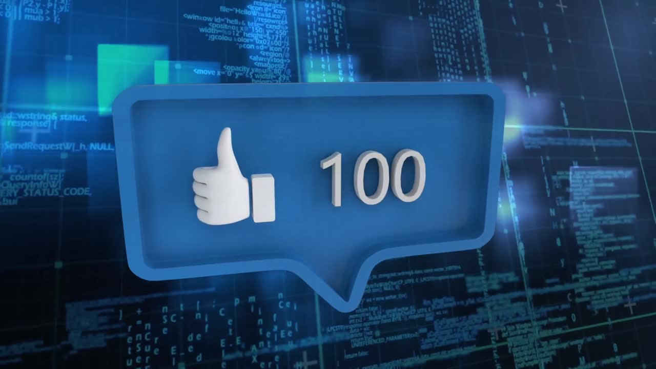 animación de burbuja de habla azul con icono del pulgar hacia arriba y números que crecen durante el procesamiento de datos