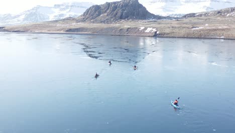 four kayakers in calm semi frozen water of reydarfjordur fjord, aerial