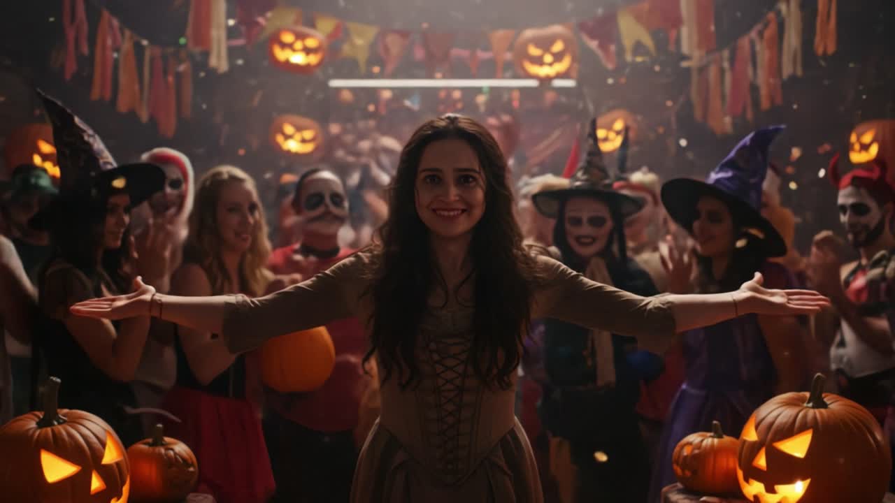 A Halloween Celebration: A Candid Moment Capturing the Transformation from Surprise to Joy in a Festive Atmosphere Filled with Pumpkins and Costumed Friends