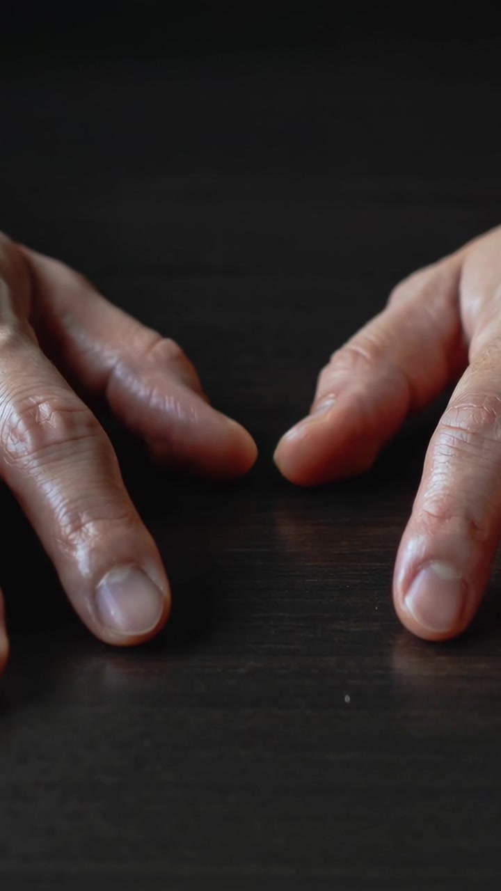Vertical video: Placing adult hands resting with subtle shifts on dark wood table