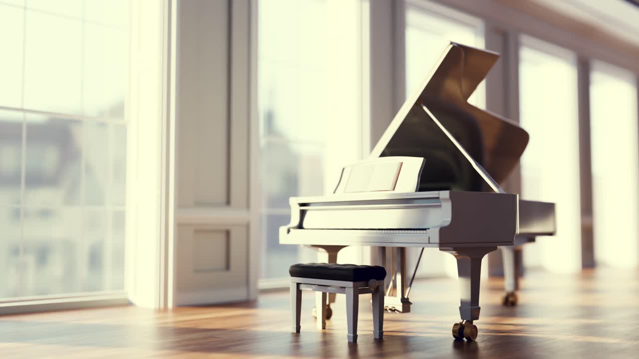 Elegant White Grand Piano in a Bright Room with Large Windows