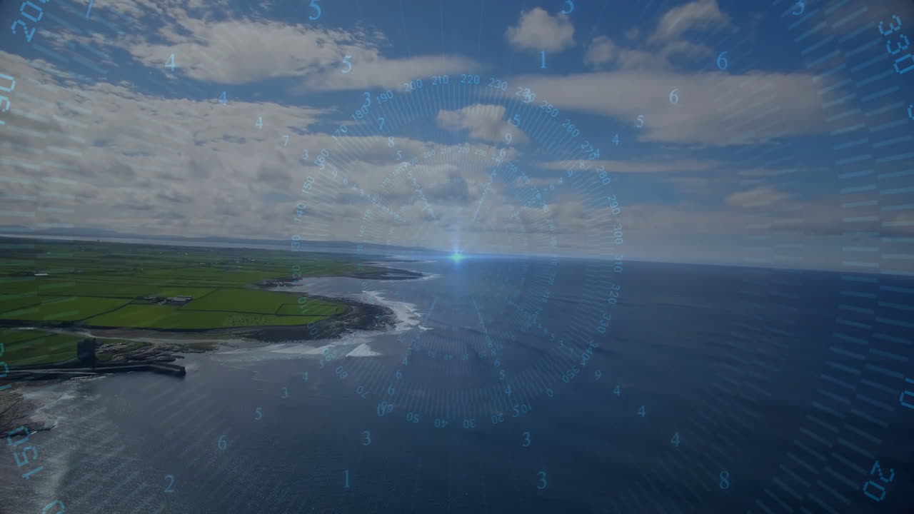 HUD compass overlay being animated over coastal drone view, highlighting harbor jetty and farmland