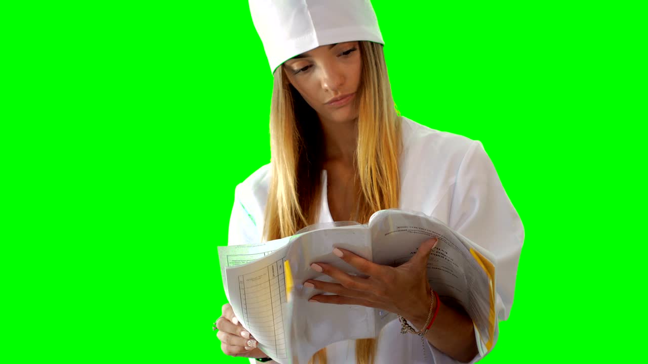 una giovane infermiera bionda con il pollice un libro nobile in uniforme