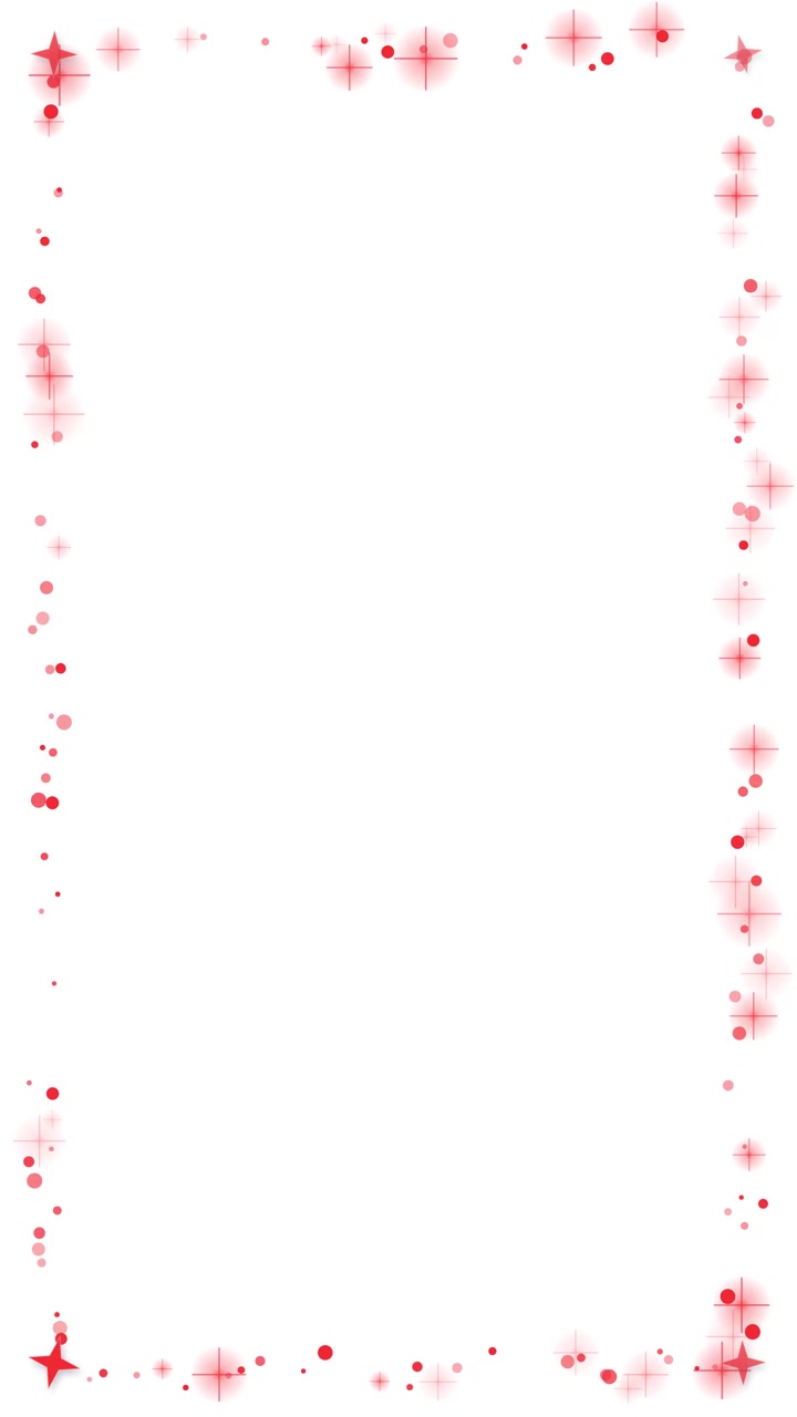 Red shimmering stars and particles form a vertical frame loop on a white background.