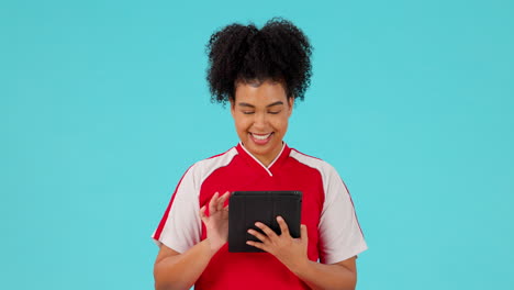 Sports-studio,-tablet-and-happy-woman