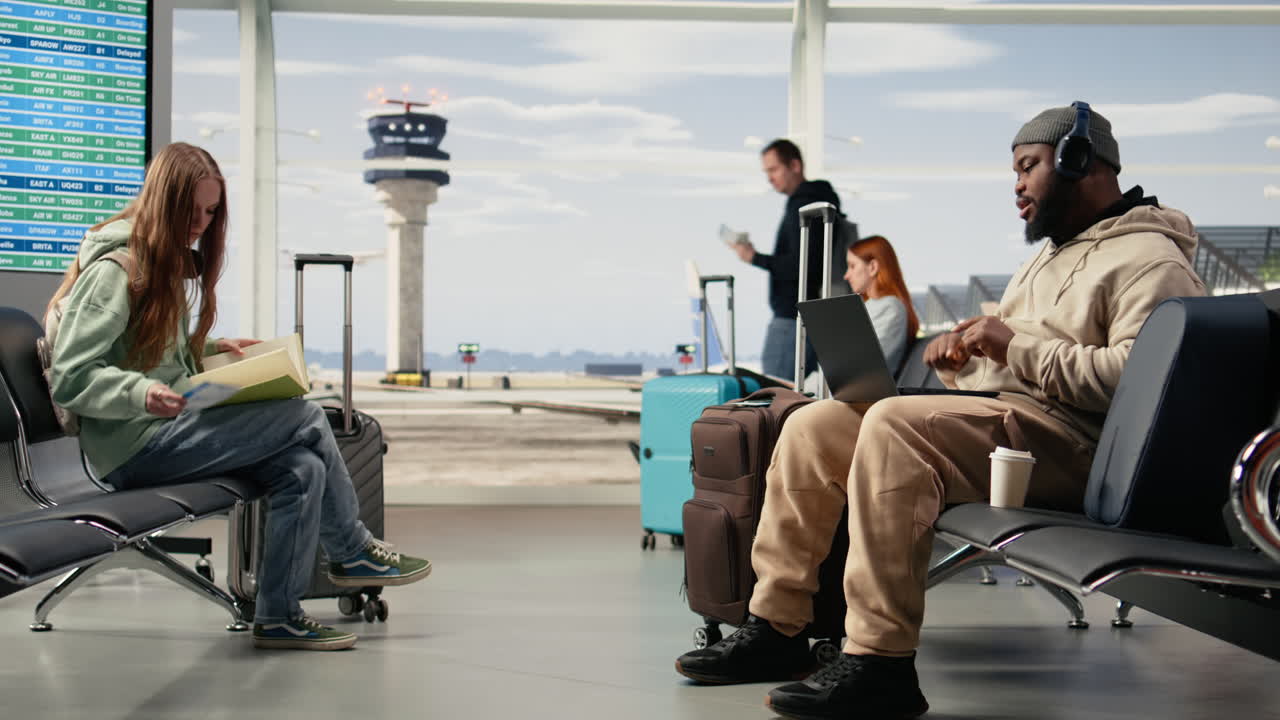 Digital nomad participating in online video call in airport terminal lounge
