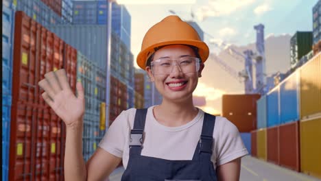 close up of asian woman worker wearing goggles and safety helmet smiling, waving hand, and saying bye while standing at container yard warehouse