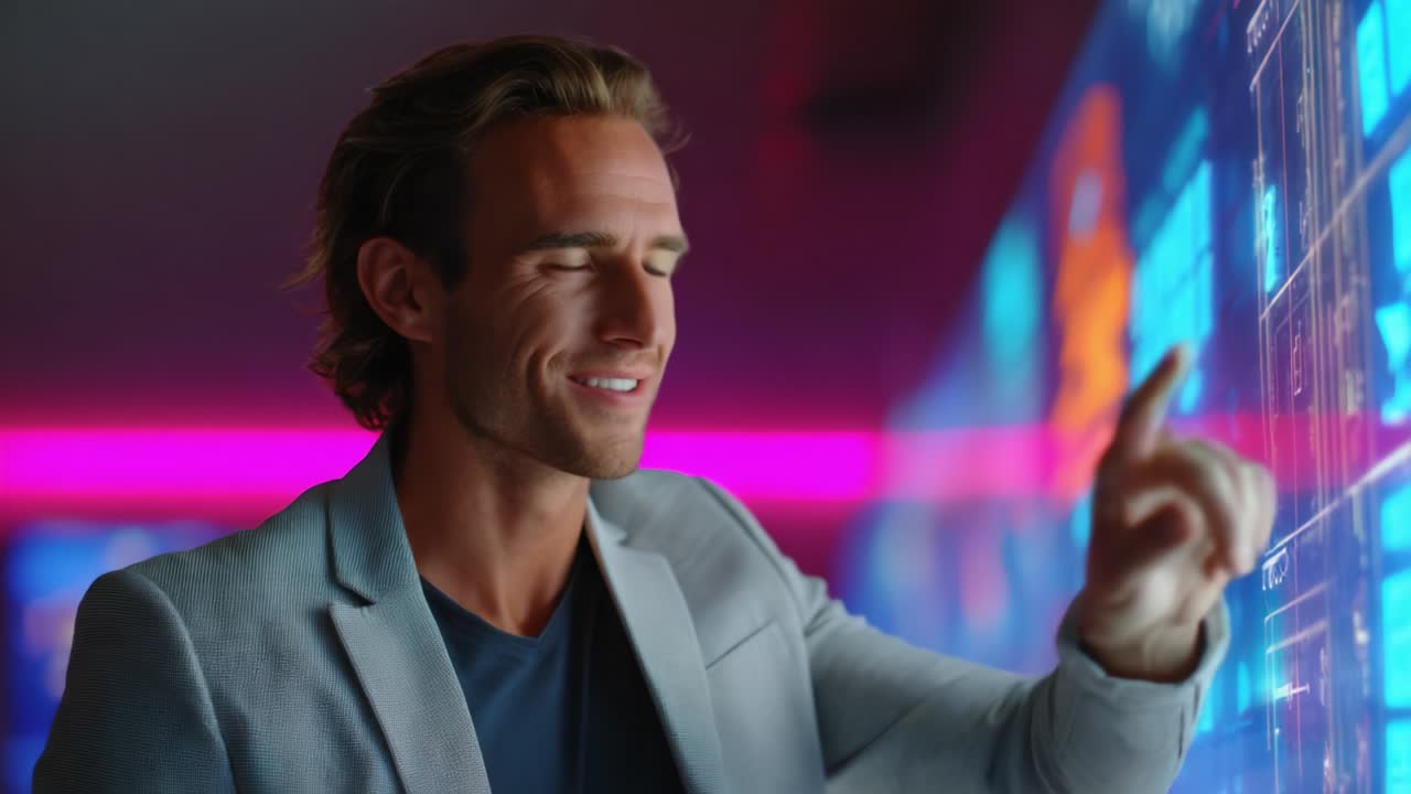 A confident young man in a stylish gray blazer interacts with a vibrant, high-tech digital display, showcasing graphs and data visualizations, embodying innovation and modern technology in a dynamic setting