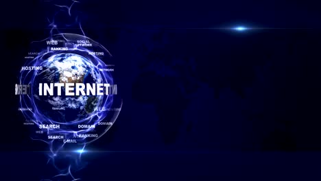 animación de texto de internet y tierra, con palabras clave, renderización, fondo, bucle