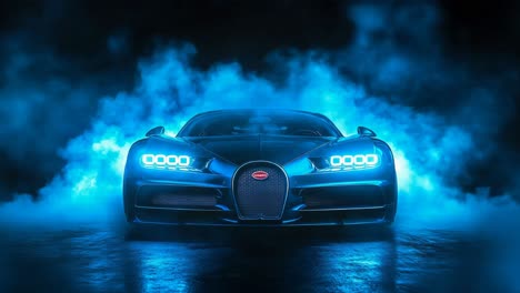 bugatti chiron in neon blue smoke