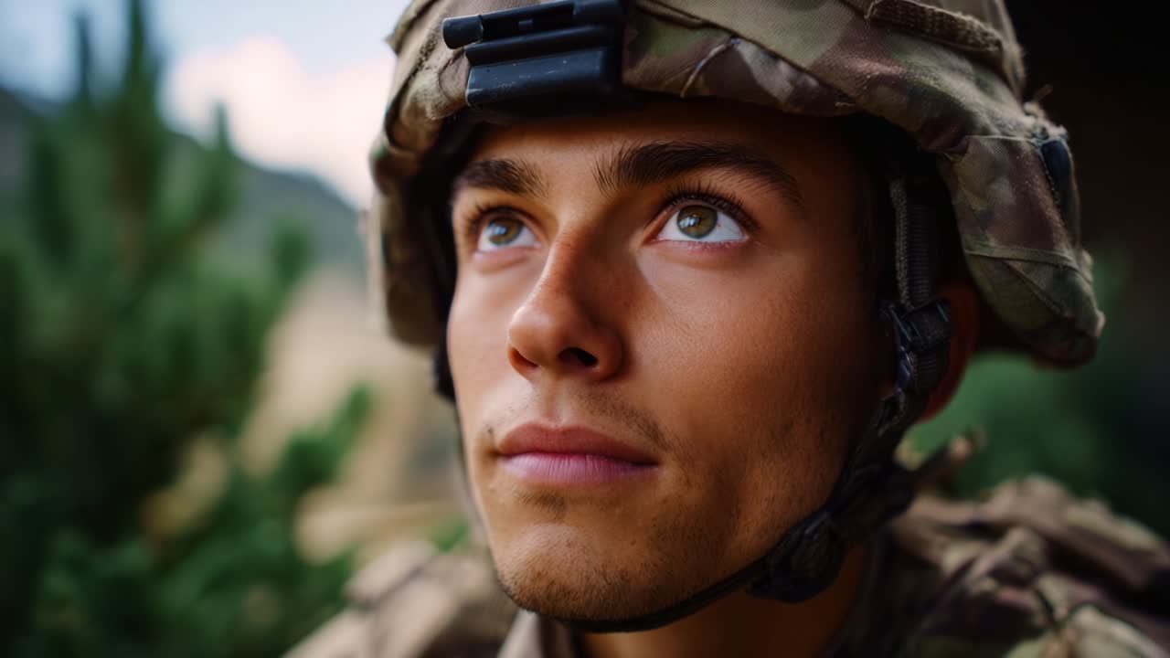 A Determined Soldier Reflects on Duty and Sacrifice in a Moment of Contemplation Amidst Nature's Beauty During Military Training