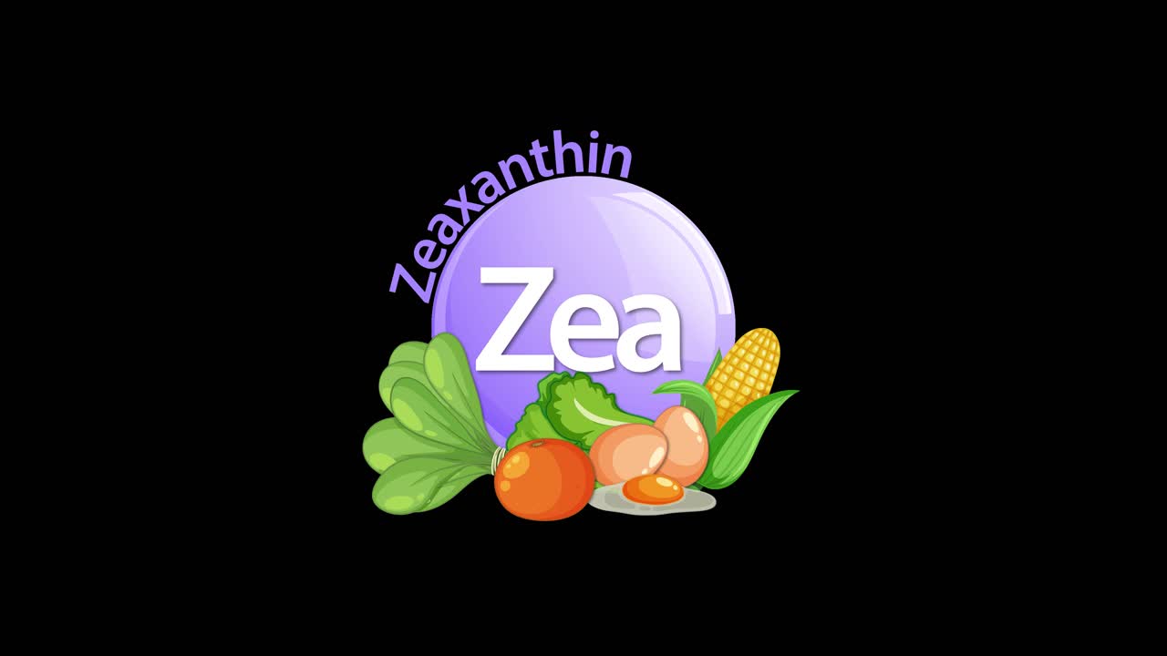 A purple Zeaxanthin icon animates in, surrounded by spinach, corn, and orange vegetables, with smooth transitions and a clean black backdrop