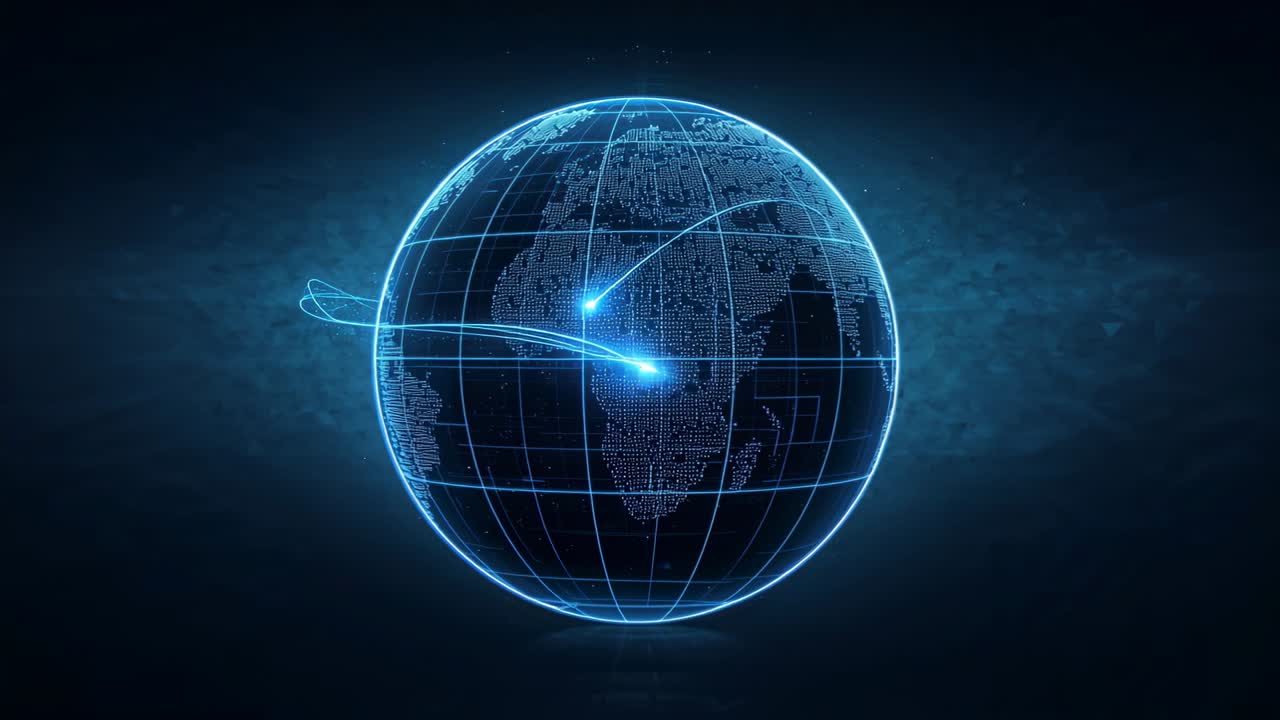 Appearing nodes launching arcs and circling holo globe showing Africa in dark nebula, forming web